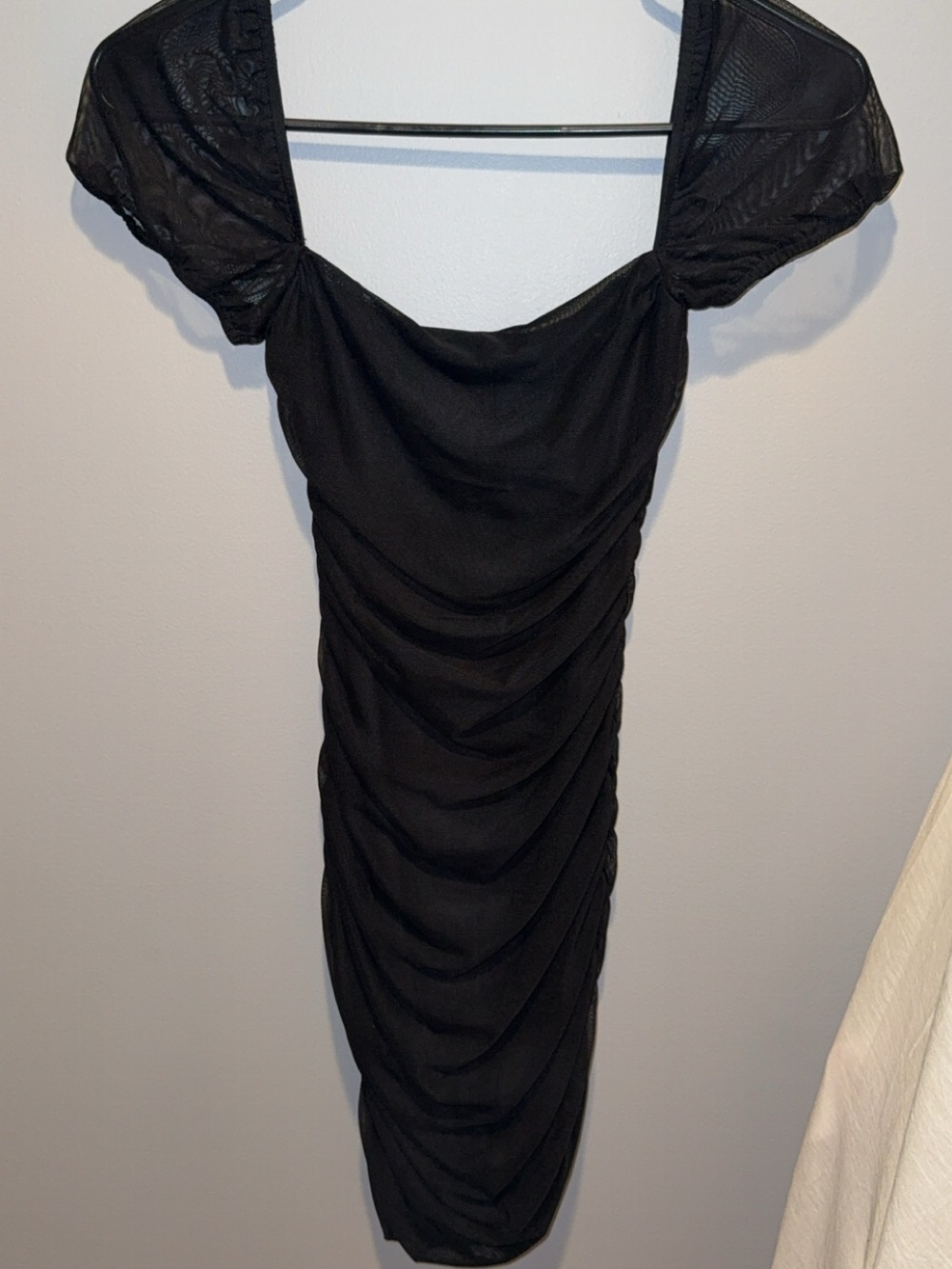 Princess Polly Black Ruched Midi Dress with Sheer Puff Sleeves and Scoop Neck